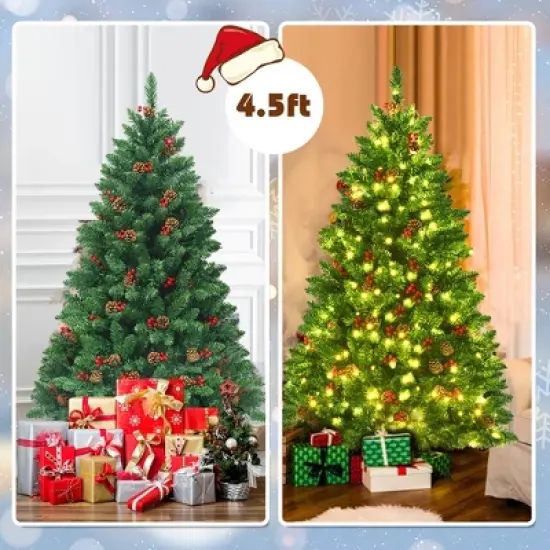 Costway 4.5Ft\6.5Ft\7.5Ft Pre-lit Hinged Christmas Tree w/ Pine Cones Red Berries and 300\450\450 LED Lights image {8}