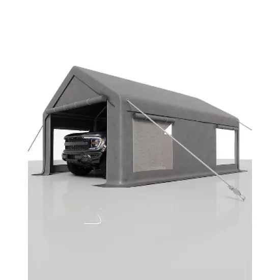 Acekool 12x20 Ft Carport with 200g PE Tarp, Roll-Up Doors, 4 Mesh Windows, Galvanized Steel Frame, Gray - Fits Pickups, SUVs, Boats image {6}