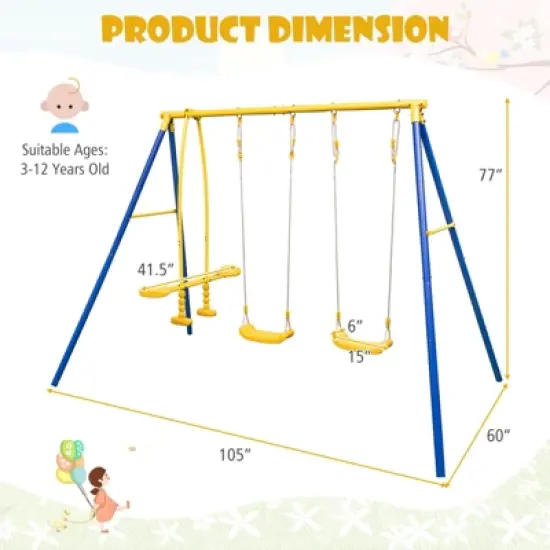 Costway Metal Swing Set for Backyard with A-frame Stand & Adjustable Hanging Ropes image {2}