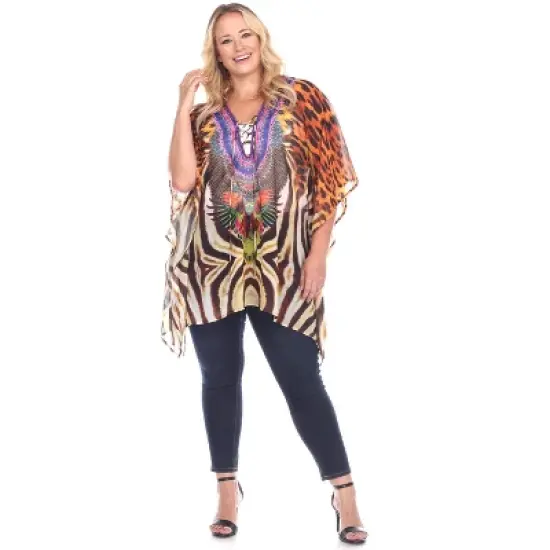 Women's Plus Size Animal Print Caftan with Tie-up Neckline - One Size Fits Most Plus - White Mark image {5}