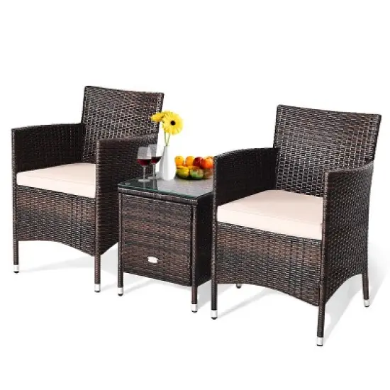 Costway Outdoor 3 PCS PE Rattan Wicker Furniture Sets Chairs  Coffee Table Garden image {4}