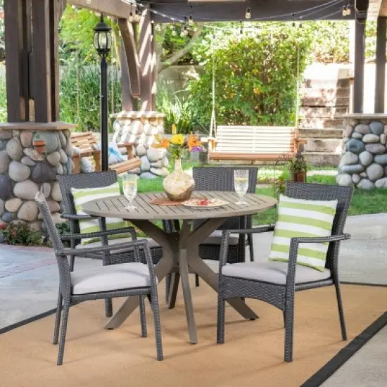 Stamford 5pc Acacia Wood & Wicker Patio Dining Set - Gray - Christopher Knight Home image {1}
