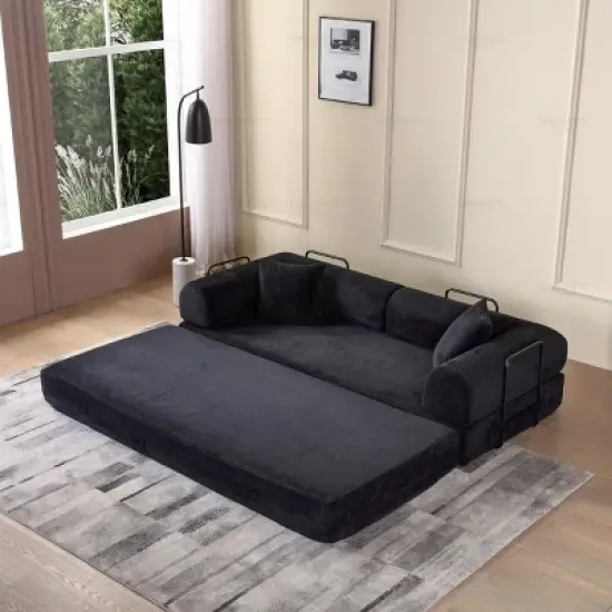 Convertible Sofa Couch with Cylindrical Pillows, Corduroy Folding Floor Sofa with Fixed-Shape Frame for Living Room-Maison Boucle image {4}