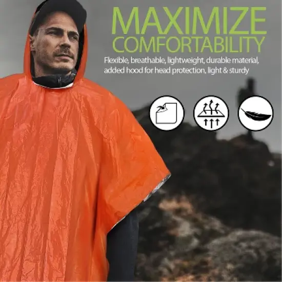 FosPower 4 Pack Emergency Ponchos for Adults, Survival Blanket Retains 90% Body Heat, Waterproof & Reusable Hiking Raincoat Hooded, Orange image {6}