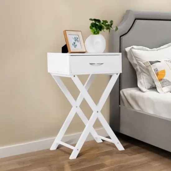 Costway Nightstand X-Shape Drawer Accent side End Table Modern Home Furniture White image {5}