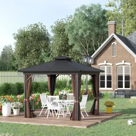 Outsunny Metal Hardtop Gazebo with Mesh Sidewalls & Curtains, Double Roof Pavilion for Patio, Backyard, Deck, Porch image {1}