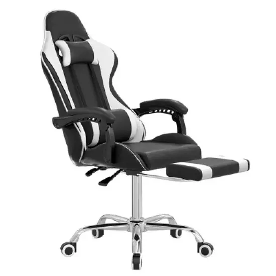 VECELO Reclining Gaming Chair, Faux Leather Adjustable Height Ergonomic Gaming Chair with Footrest & Lumbar Support, Black image {10}