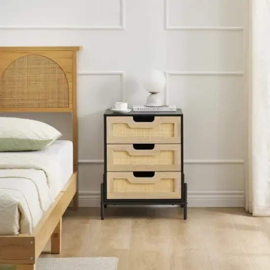 ODK Rattan Nightstand, Boho Bedside Table with 3 Large Storage Capacity, Spacious Surface, Modern Storage Night Stand for Bedroom, Black image {5}