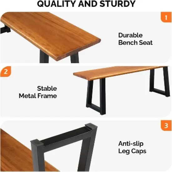 VINGLI 57in Outdoor Bench with Metal Legs, Long Wood Dining Bench Indoor Outdoor, All-Weather Wooden Porch Bench for Yard Garden Patio image {3}