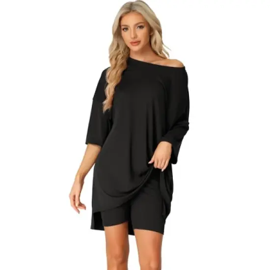 cheibear Women's Knit Loose Fit T-Shirt with Biker Shorts Lounge Sleepwear Pajama Sets image {6}