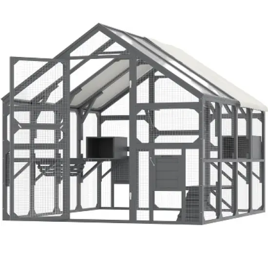 YOOCOZZ Large Catio Outdoor Cat Enclosure, Wooden Cat House with 7 Platforms, 2 Resting Boxes, 1 Bridge and 1 Ramp, Sunshine Board Roof-Gray image {1}