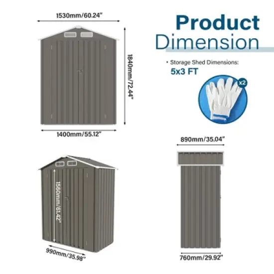 Hrinhom 60.3"W Metal Outdoor Lockable Door Storage Shed, Tool Shed with Peaked Roof Waterproof image {5}