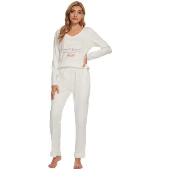 cheibear Womens Sleepwear Lounge V-Neck Soft Nightwear with Pants Long Sleeve Pajama Set image {2}