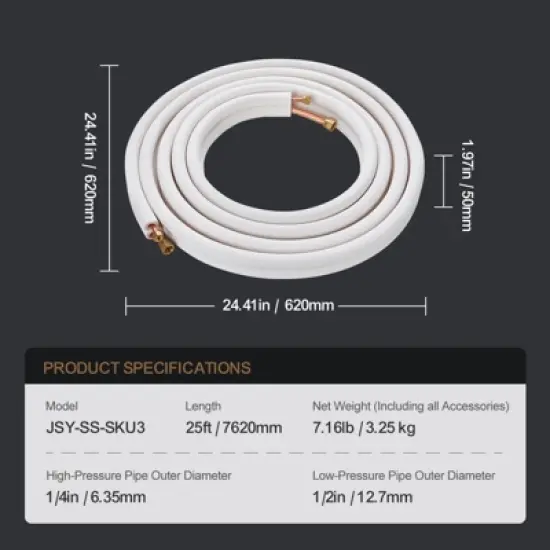 VEVOR 25FT Mini Split Line Set, 1/4" & 1/2" O.D Copper Pipes Tubing and Triple-Layer Insulation, for Mini Split Air Conditioning Refrigerant, White image {7}
