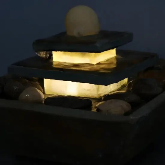 Sunnydaze Indoor Home Office Slate and Polished Stone Ball Tiered Tabletop Water Fountain with LED Light - 8" image {1}