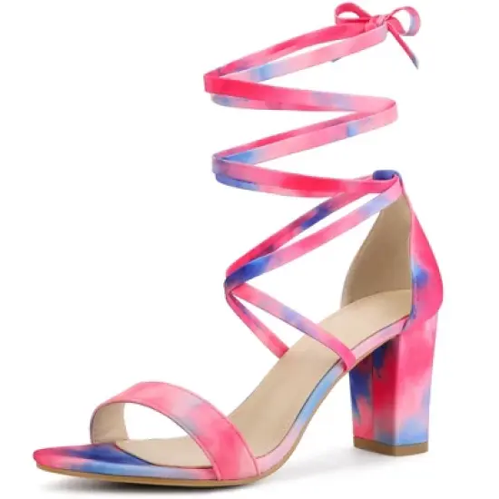 Allegra K Women's Tie Dye Lace Up Strappy Chunky Heels Sandals image {6}