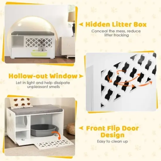 Tangkula Cat Litter Box Enclosure w/ Removable Cushion & Flip-Down Opening Modern White image {4}