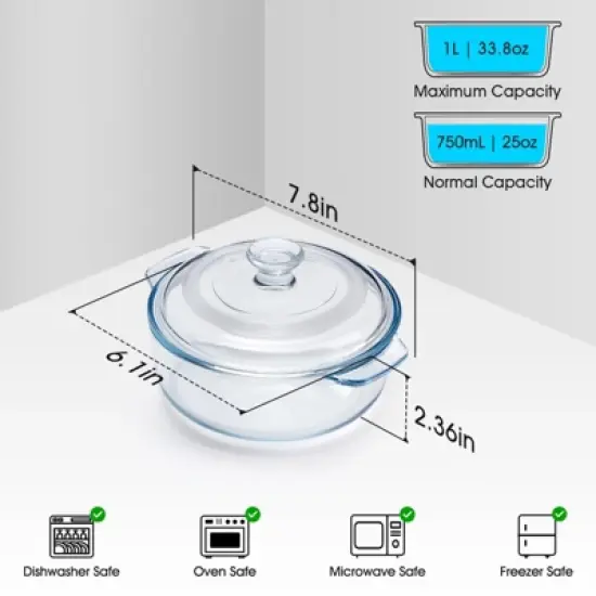 Itopfox Mini Glass Casserole Dish with Lid, Oven Safe Round Baking Dish for Cooking, Serving & Storing, Microwave, Freezer & Dishwasher Safe image {1}