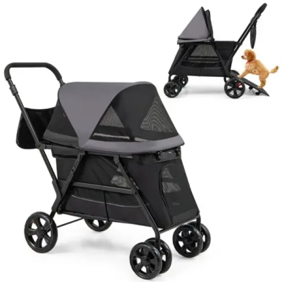 Tangkula Dog Stroller with Low Entry & Ramp Access w/ Lockable & Shock-Absorbing All-Terrain Wheels Folding Pet Travel Wagon for Small Medium Dogs image {9}