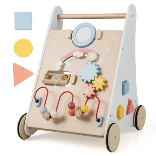 Wooden Baby Push and Pull Sit-to-Stand Learning Walker with Mirror Shape Sorter for 1+ Year Old image {9}