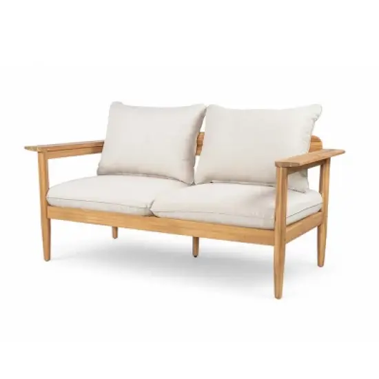 Outdoor Acacia Wood Loveseat,Modern Patio 2-Seater Armrest Sofa with Cushions,Small Space Furniture for Balcony Porch-Koiai image {2}