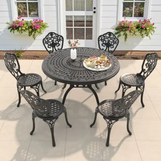 7-Piece Patio Set: Round Table & 6 Chairs - Cast Aluminum, All-Weather/Umbrella Hole & Adjustable Legs for Balcony/Backyard image {9}