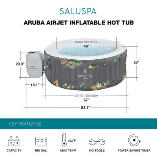 Bestway SaluSpa Aruba AirJet Large Round 2 to 3 Person Inflatable Hot Tub Portable Outdoor Spa with 110 AirJets, Grey image {1}