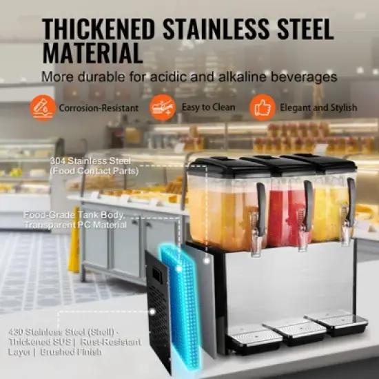 VEVOR Commercial Beverage Dispenser, 3 Tanks 12 L / 12.7 QT Per Tank Juice Dispenser, 370W Stainless Steel Ice Tea Drink Machine image {4}