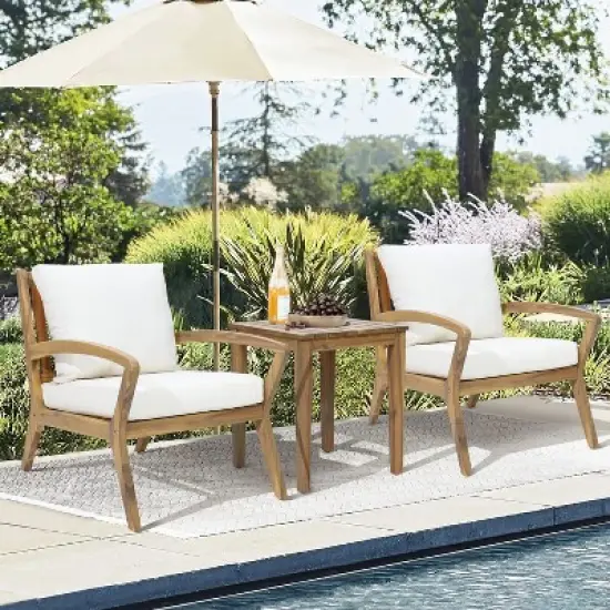 LuxenHome Outdoor Acacia Wood Side Table and Set of 2 Armchairs with White Cushions image {2}