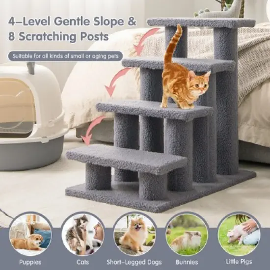Tangkula 24" 4-Step Pet Stairs Carpeted Ladder Ramp 8 Scratching Post Cat Tree Climber image {7}