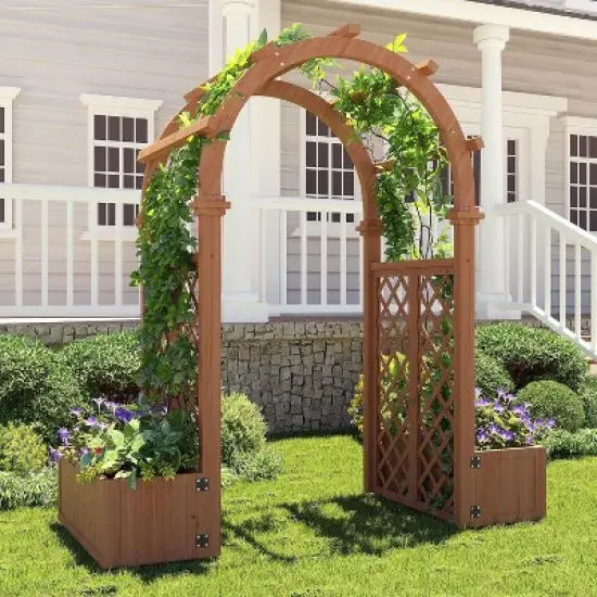 Acekool Wood Garden Arbor with Planter Boxes and Detachable Swing, Outdoor Arch Trellis for Climbing Plants, Brown image {5}