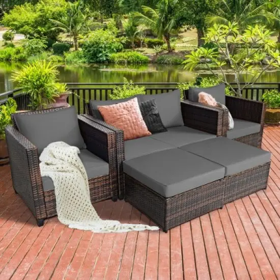 Costway 5PCS Patio Rattan Furniture Set Loveseat Sofa Ottoman Cushioned Red\White image {15}