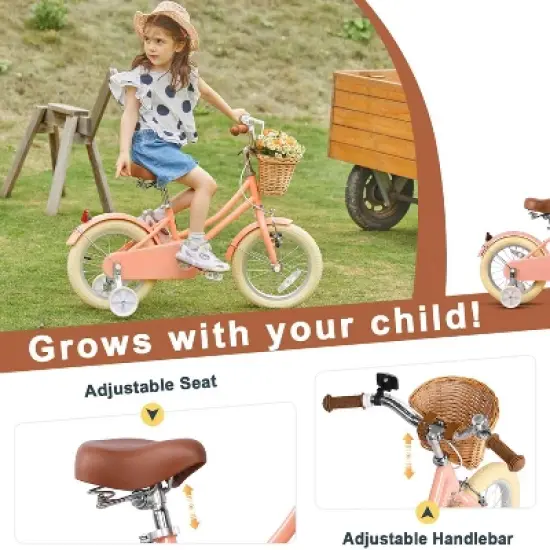Itopfox Retro Cruiser Girls Bike for Children Ages 3-5 Years Old, Kids Bicycle with Wicker Basket & Training Wheels, Peach image {3}
