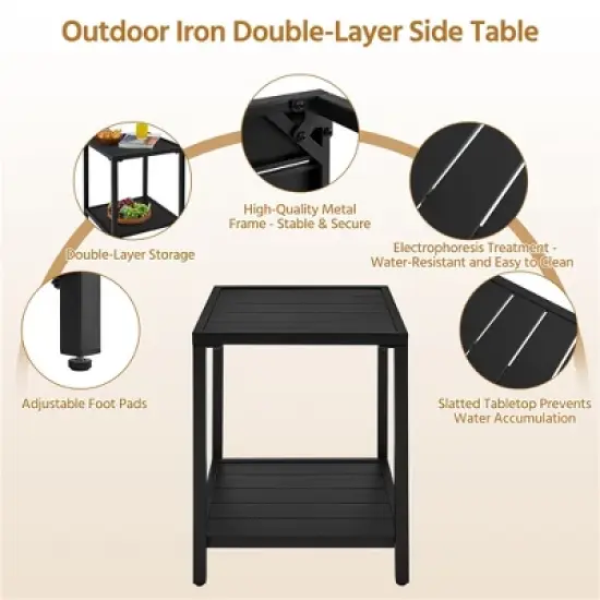 Yaheetech Two-layer Patio End Table with Slatted Design and Storage Bottom Shelf, Black image {3}