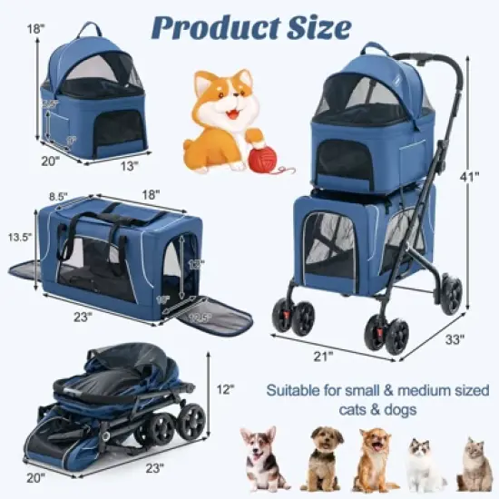 Costway Double Pet Stroller for 2 Dogs or Cats w/ 2 Detachable Carriers Safety Belt image {2}