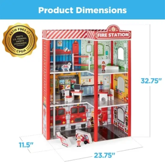 Best Choice Products 32in Kids 3-Story Pretend Wooden Fire Station Play Set Toy, w/ 2 Vehicles, 12 Accessories, 5 Rooms image {6}