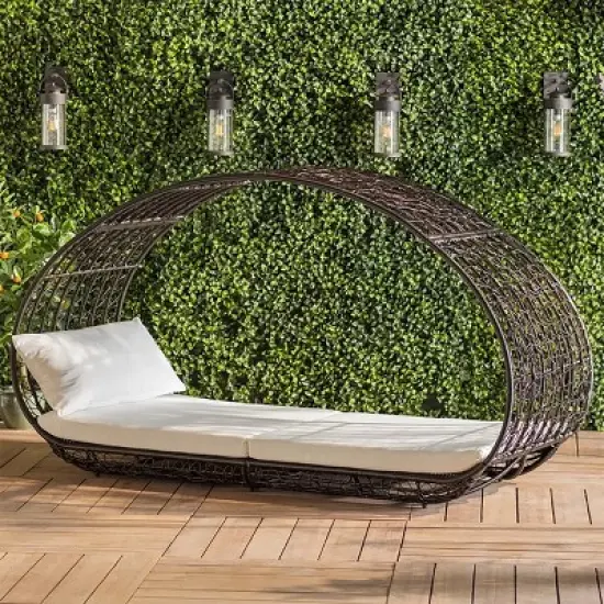 Curved Rattan Daybed with Cushions and Canopy, 2-Person Patio Lounger with Metal Frame, Outdoor Lounge Seating for Garden or Pool-The Pop Home image {1}