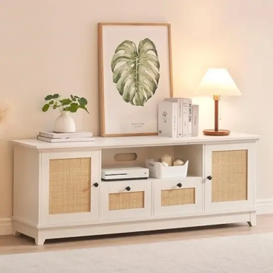 Rattan TV Stand, Modern Entertainment Center for 65/70 Inch TV, White Media Center with 2 Drawers and 2 Cabinets image {2}