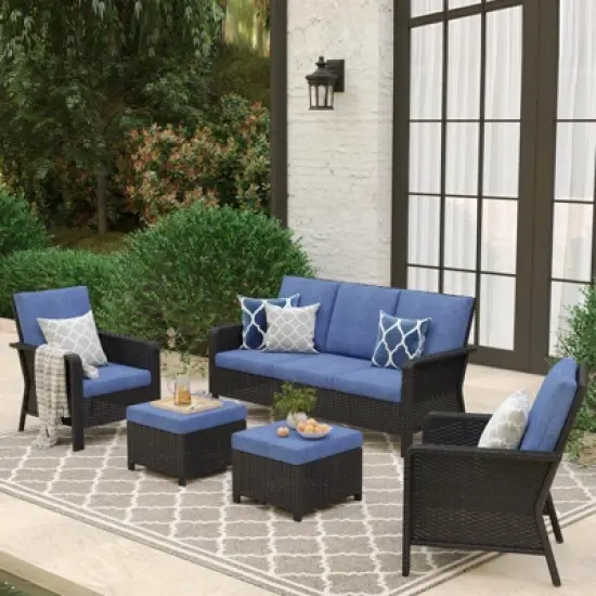 SUGOLD Hand Woven Wicker Patio Conversation Set with Blue Cushions image {4}