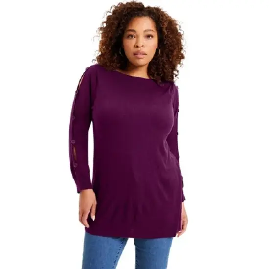 June + Vie by Roaman's Women&rsquo;s Plus Size Button-Sleeve Sweater image {4}