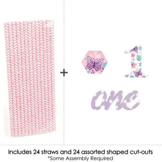 Big Dot of Happiness 1st Birthday Beautiful Butterfly - Paper Straw Decor - Floral First Birthday Party Striped Decorative Straws - Set of 24 image {2}