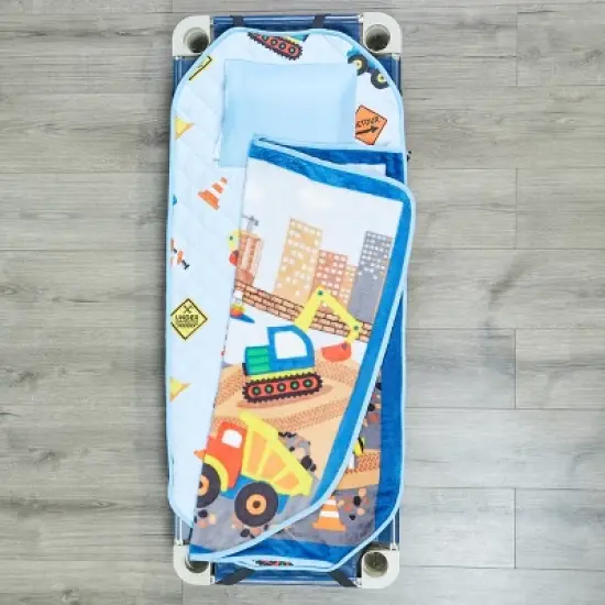 EVERYDAY KIDS Construction Toddler Cot Nap Mat for Home, Daycare, Preschool ; Easy to Roll Sleeping Mat with Elastic Straps, Pillow and Blanket image {5}