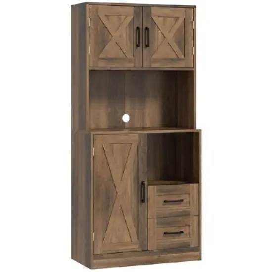 HOMCOM Farmhouse Kitchen Pantry, 71" Tall Storage Cabinet with Microwave Oven Countertop image {3}