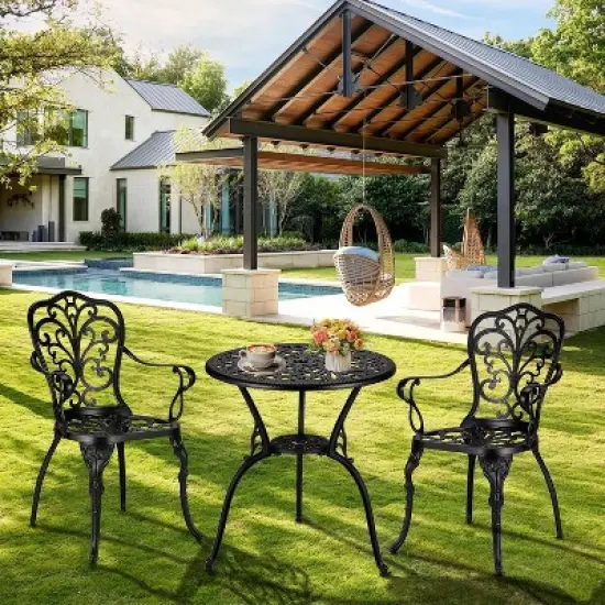3-Piece Outdoor Bistro Set, All-Weather Cast Aluminum Patio Table+Chairs w/Umbrella Hole for Yard, Garden, Balcony, and Poolside Use image {5}