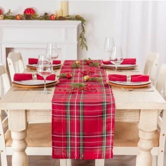 Design Imports  Christmas Metallic Plaid Table Runner, Red Tartan, 14X72" image {5}