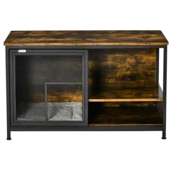 PawHut Cat Kennel, Wood & Steel End Table Style with Cushion & Sliding Doors, Pet Kitten Crate, Elevated Indoor Small Animal Cage, Rustic Brown image {3}