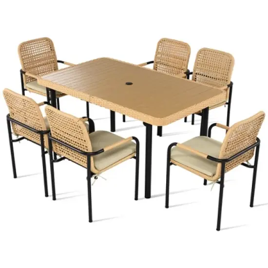 FIONECA 7-Piece Outdoor Wicker Patio Dining Set with Plastic-Wood Table Top, Umbrella Hole, Oatmeal Cushions &uml;C Backyard, Garden & Poolside Furniture image {6}