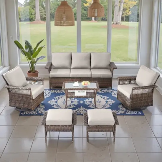 Belord 6 Piece All Weather Wicker Patio Furniture Set, Outdoor Conversation Set with Patio Sofa Couch Swivel Patio Chairs Coffee Table and Ottomans image {1}