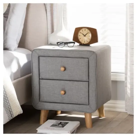 Jonesy Mid - Century Fabric Upholstered 2 - Drawer Nightstand - Gray - Baxton Studio image {5}