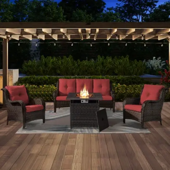 4 Pieces Outdoor Patio Furniture Set with Fire Pit Table, PE Resin All Weather Wicker Patio Propane Fire Pit Set with Patio Couch, Club Chairs in Red image {13}